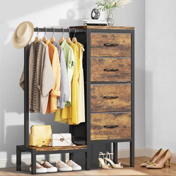 Garvee Multi-Functional 4-Drawer Fabric Dresser Organizer with Hanging Rail & Open Shelf – Metal Frame Wardrobe Storage for Bedroom, Living Room, Entryway – Classic Brown – 4 Compartments Vintage