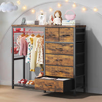 Garvee Multi-Functional 6-Drawer Dresser with Hanging Rail & Open Shelves – Fabric Storage Unit & Metal Frame Closet Organizer for Bedroom – Rustic Brown – 6 Compartments