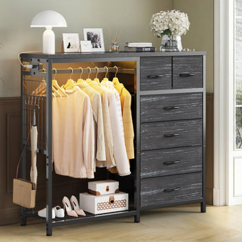 Garvee 6-Drawer Fabric Dresser Organizer with Hanging Rail, Open Shelf, Wooden Top, LED Lights & Charging Station – Metal Frame Closet Storage for Bedroom, Living Room – Grey – 6 Compartments