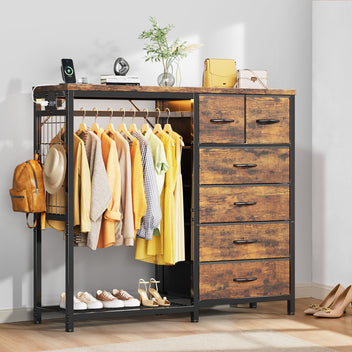 Garvee Multi-Functional 6-Drawer Dresser with Hanging Rail & Open Shelves – Fabric Storage Unit & Metal Frame Closet Organizer for Bedroom – Rustic Brown – 6 Compartments