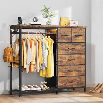Garvee Multi-Functional 6-Drawer Dresser with Hanging Rail & Open Shelves – Fabric Storage Unit & Metal Frame Closet Organizer for Bedroom – Rustic Brown – 6 Compartments