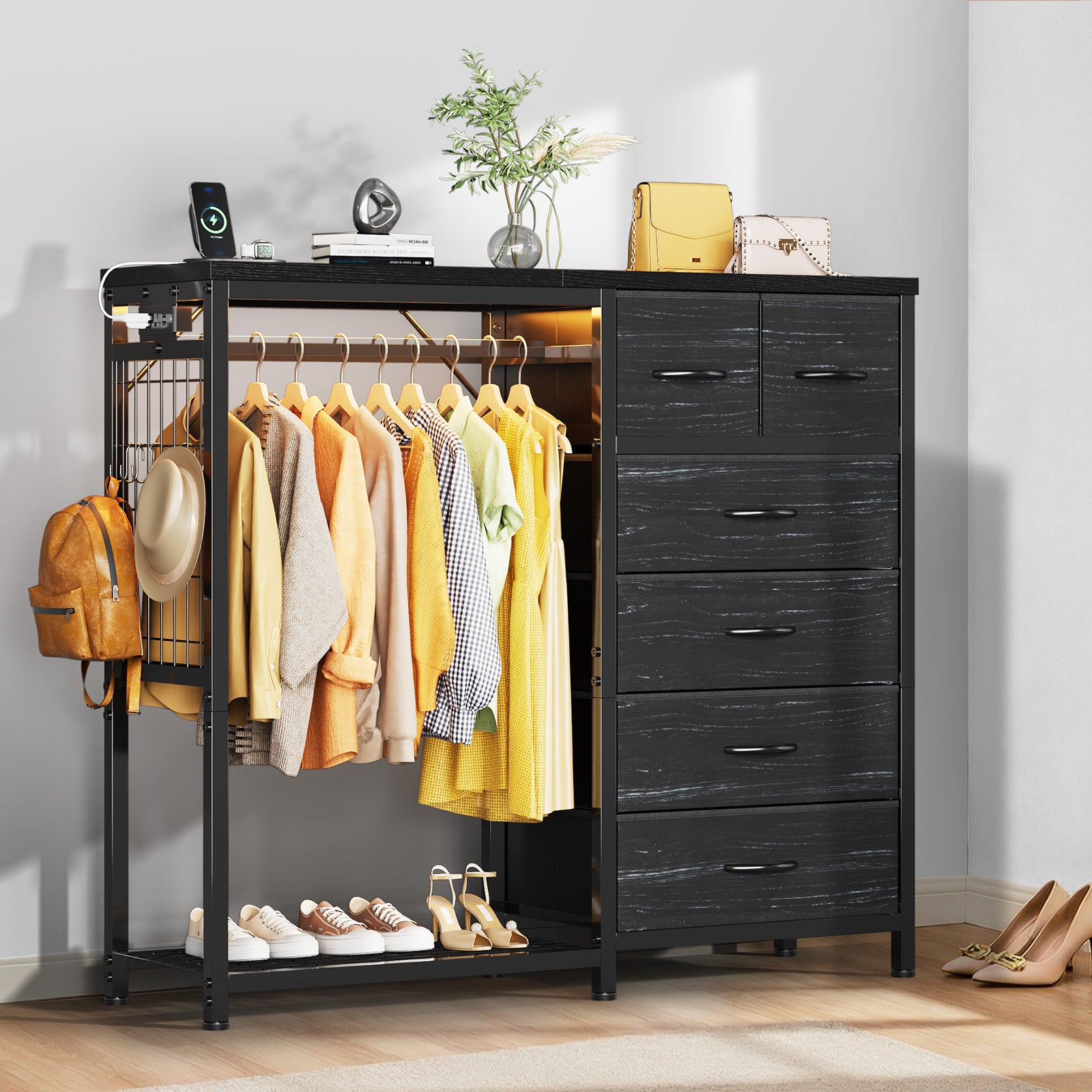 Garvee 6-Drawer Fabric Dresser Organizer with Hanging Rail, Open Shelf, Wooden Top, LED Lights & Charging Station – Metal Frame Closet Storage for Bedroom, Living Room – Grey – 6 Compartments