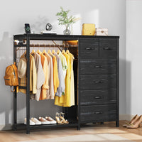 Garvee 6-Drawer Fabric Dresser Organizer with Hanging Rail, Open Shelf, Wooden Top, LED Lights & Charging Station – Metal Frame Closet Storage for Bedroom, Living Room – Grey – 6 Compartments