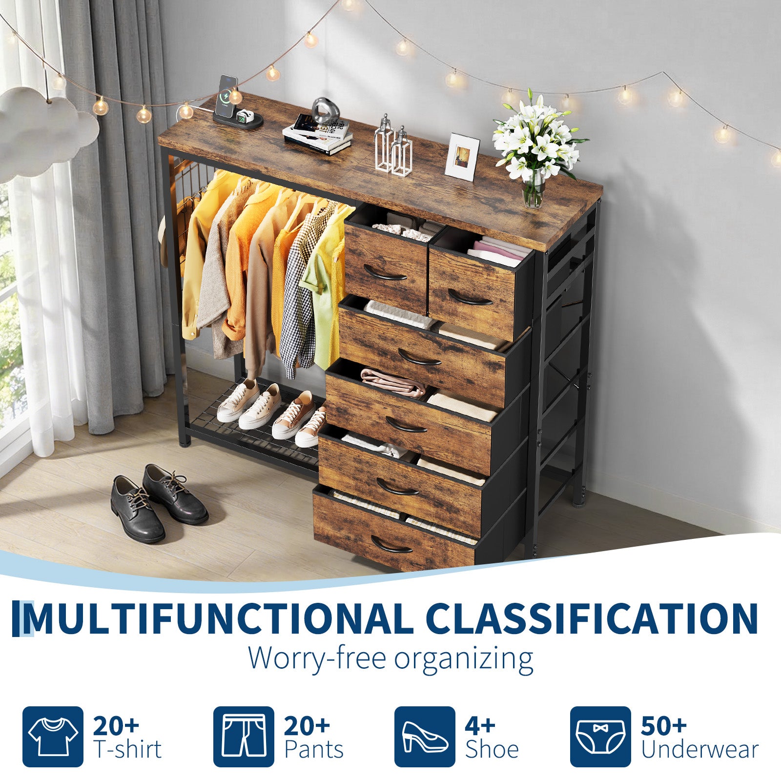 Garvee Multi-Functional 6-Drawer Dresser with Hanging Rail & Open Shelves – Fabric Storage Unit & Metal Frame Closet Organizer for Bedroom – Rustic Brown – 6 Compartments