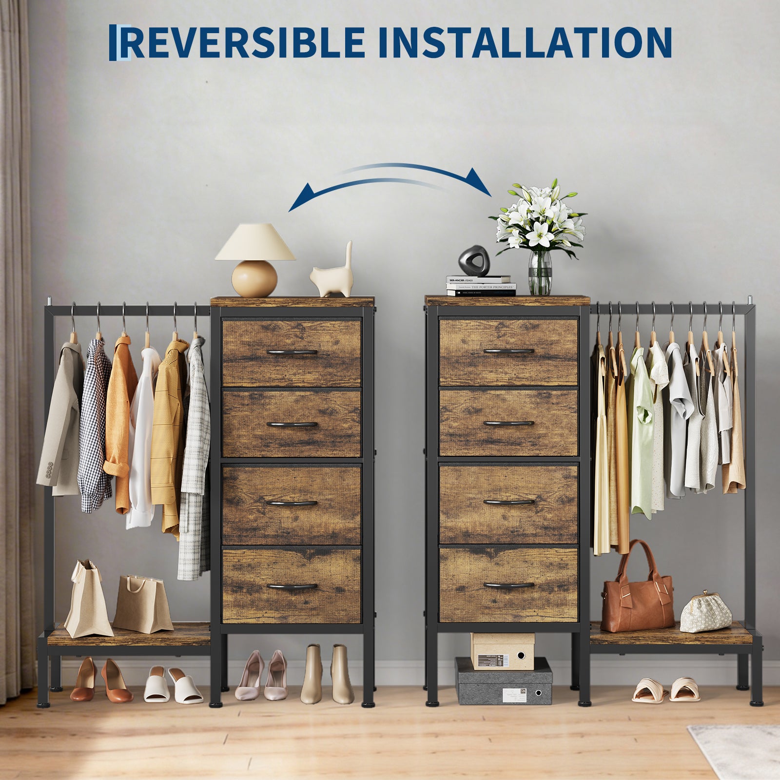 Garvee Multi-Functional 4-Drawer Fabric Dresser Organizer with Hanging Rail & Open Shelf – Metal Frame Wardrobe Storage for Bedroom, Living Room, Entryway – Classic Brown – 4 Compartments Vintage