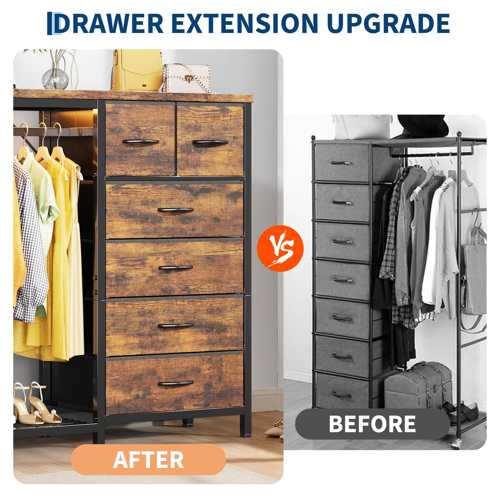 Garvee Multi-Functional 6-Drawer Dresser with Hanging Rail & Open Shelves – Fabric Storage Unit & Metal Frame Closet Organizer for Bedroom – Rustic Brown – 6 Compartments