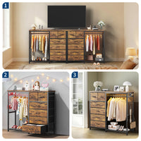 Garvee Multi-Functional 6-Drawer Dresser with Hanging Rail & Open Shelves – Fabric Storage Unit & Metal Frame Closet Organizer for Bedroom – Rustic Brown – 6 Compartments