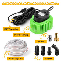 Pool Cover Pump Above Ground, Water Pump for Pool Draining, Submersible Water Pump Sump Pump with 16 Ft Drainage Hose & 25 Ft Extra Long Power Cord (840GPH-Green, Green)