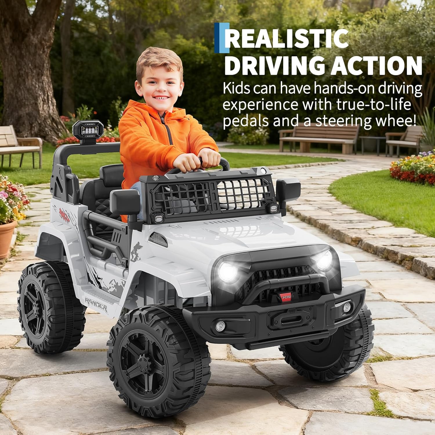 Garvee Ride P Series 12V Kids Electric Vehicles with Remote Control Spring Suspension, LED Lights, Bluetooth, 2 Speeds - Whtie