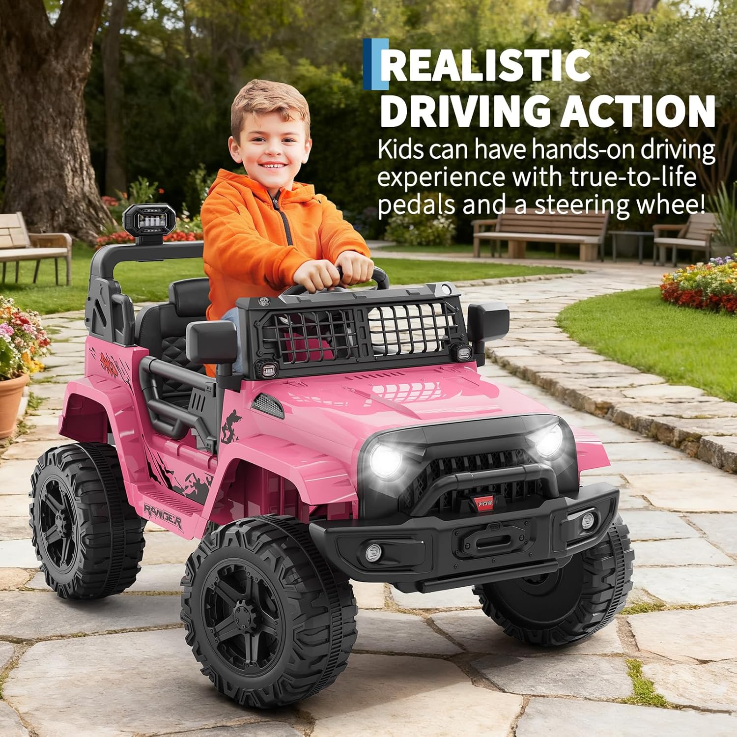 Garvee Ride P Series 12V Kids Electric Vehicles with Remote Control Spring Suspension, LED Lights, Bluetooth, 2 Speeds - Pink