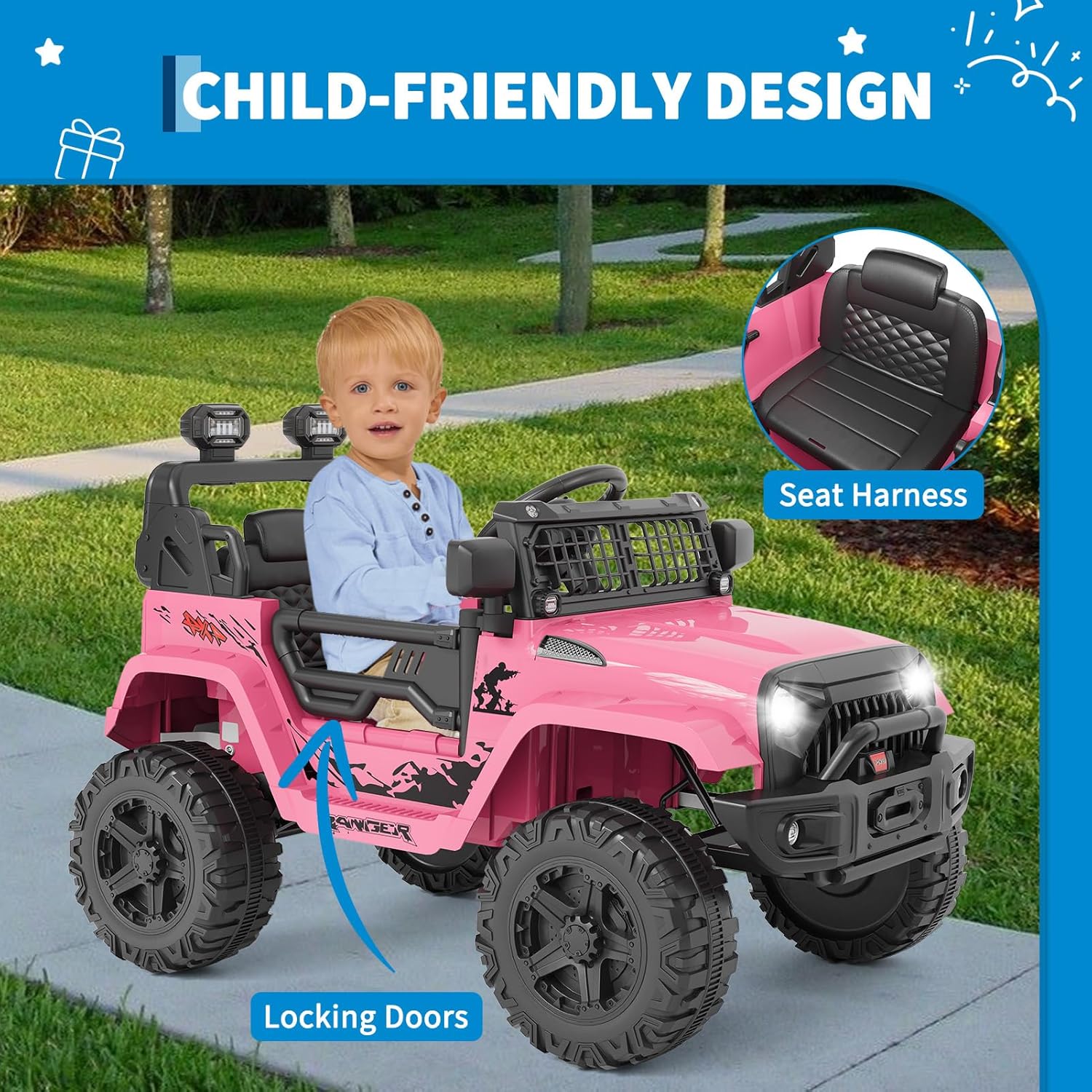 Garvee Ride P Series 12V Kids Electric Vehicles with Remote Control Spring Suspension, LED Lights, Bluetooth, 2 Speeds - Pink