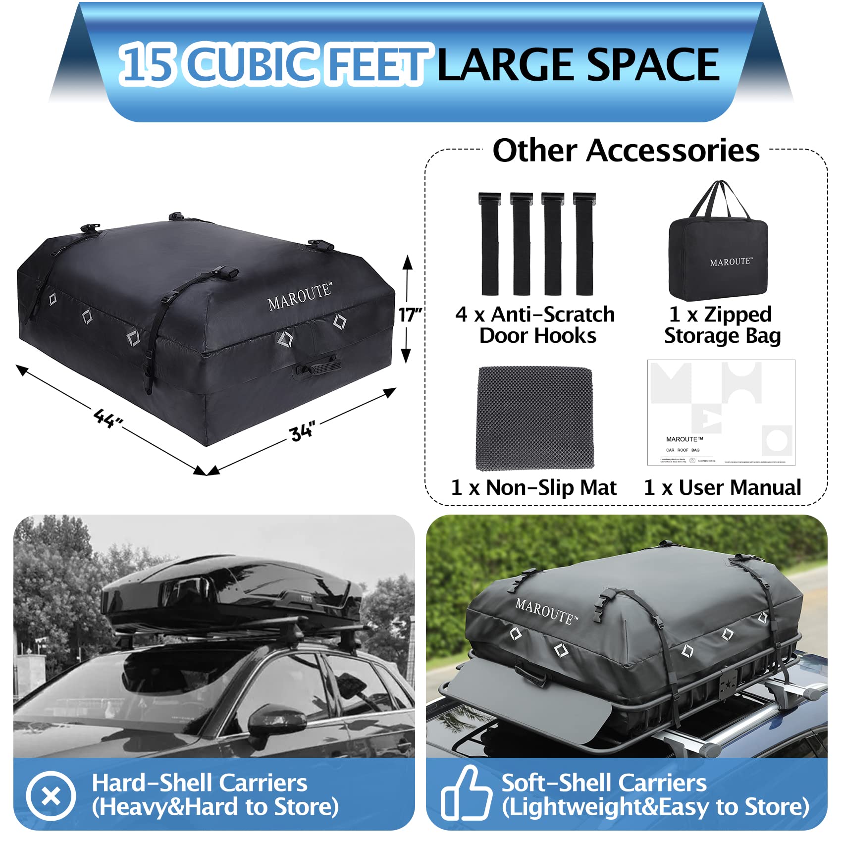 Rooftop Cargo Carrier Bag, 15 Cubic Feet Heavy Duty Waterproof Rooftop Car Bag,Fits for All Cars with/Without Rack,8 Door Hooks,Storage Bag