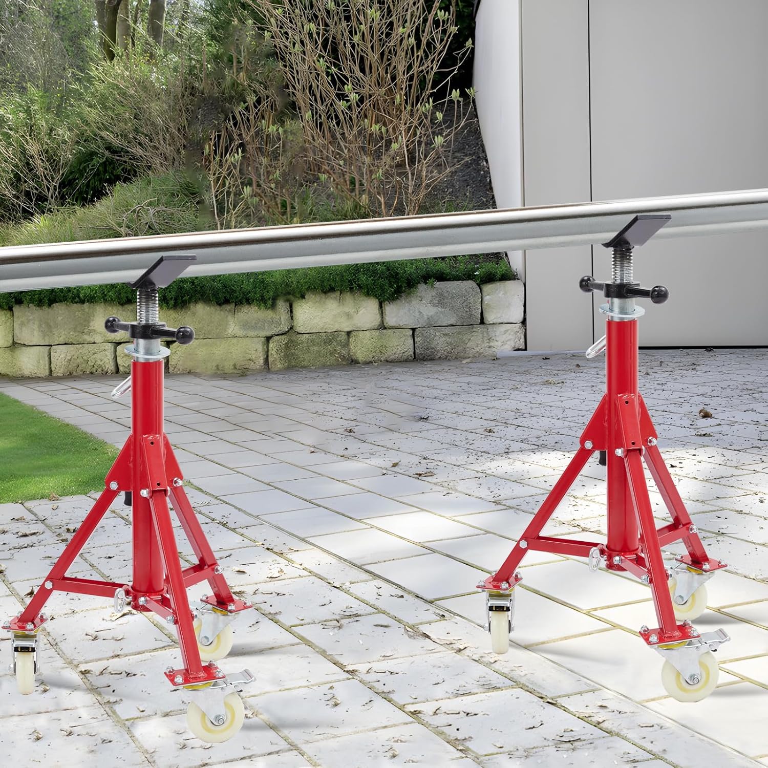 Garvee Adjustable V-Head Pipe Jack Stand with Casters, 28-52 Inch Height, 2500 lb Capacity, Heavy Duty Carbon Steel, Foldable & Portable, Corrosion-Resistant, Suitable for Various Applications