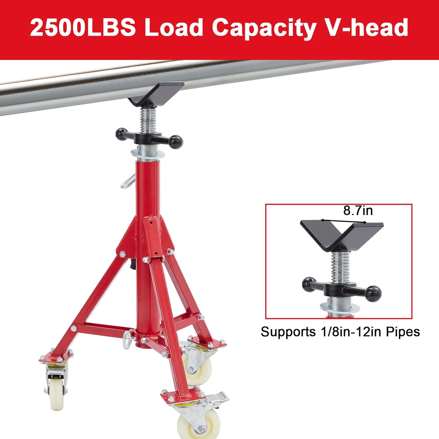 Garvee Adjustable V-Head Pipe Jack Stand with Casters, 28-52 Inch Height, 2500 lb Capacity, Heavy Duty Carbon Steel, Foldable & Portable, Corrosion-Resistant, Suitable for Various Applications