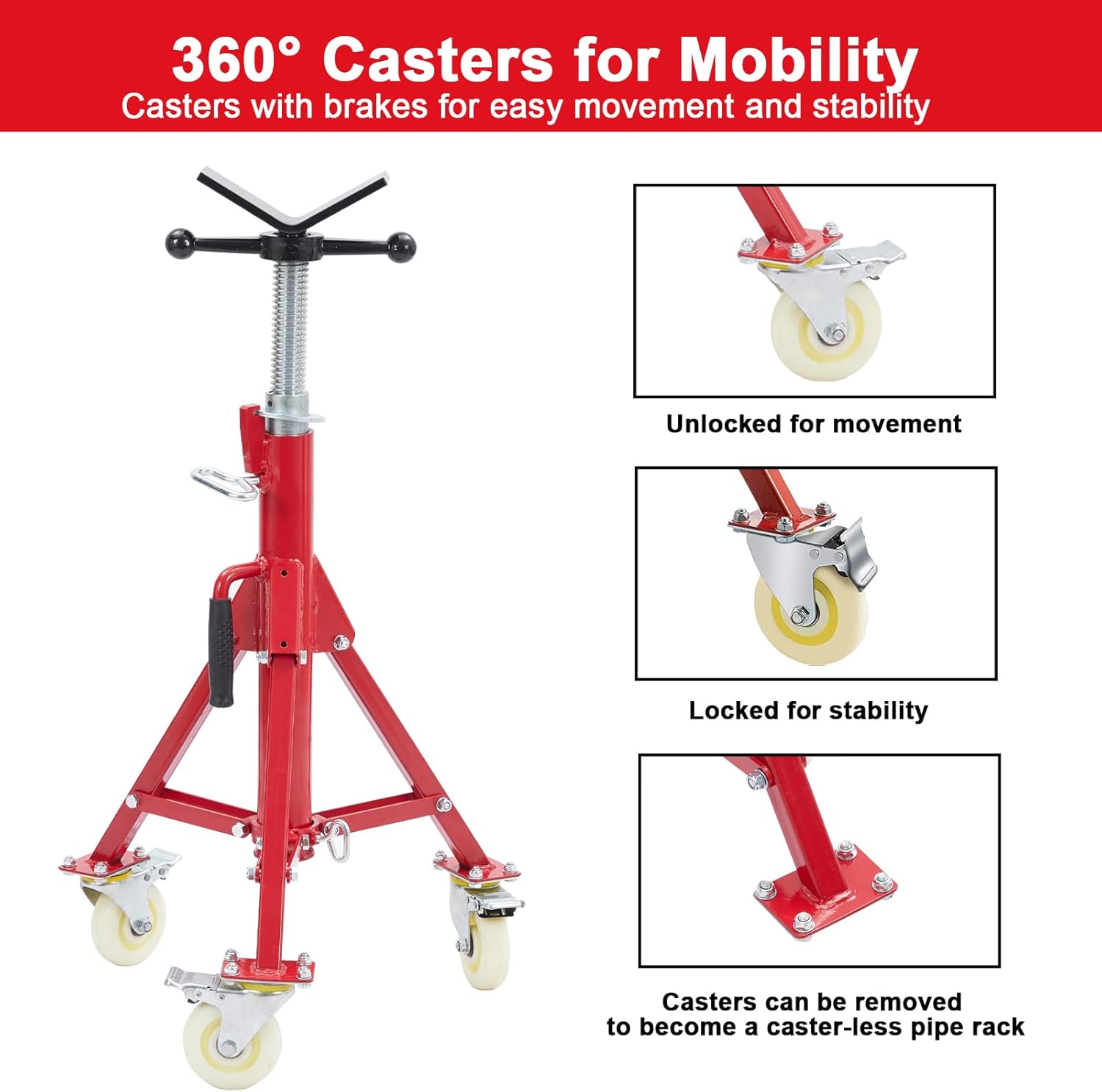 Garvee Adjustable V-Head Pipe Jack Stand with Casters, 28-52 Inch Height, 2500 lb Capacity, Heavy Duty Carbon Steel, Foldable & Portable, Corrosion-Resistant, Suitable for Various Applications