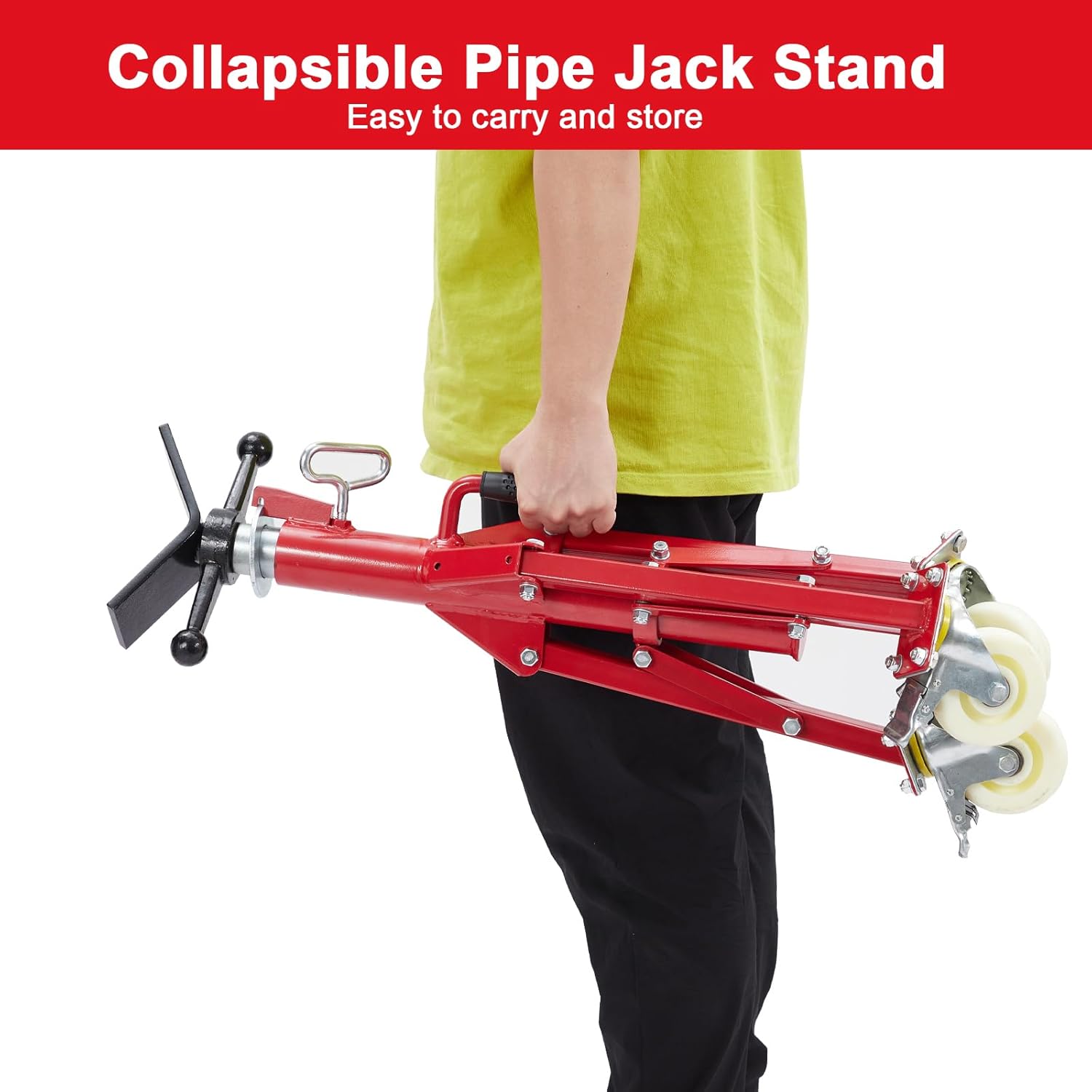 Garvee Adjustable V-Head Pipe Jack Stand with Casters, 28-52 Inch Height, 2500 lb Capacity, Heavy Duty Carbon Steel, Foldable & Portable, Corrosion-Resistant, Suitable for Various Applications