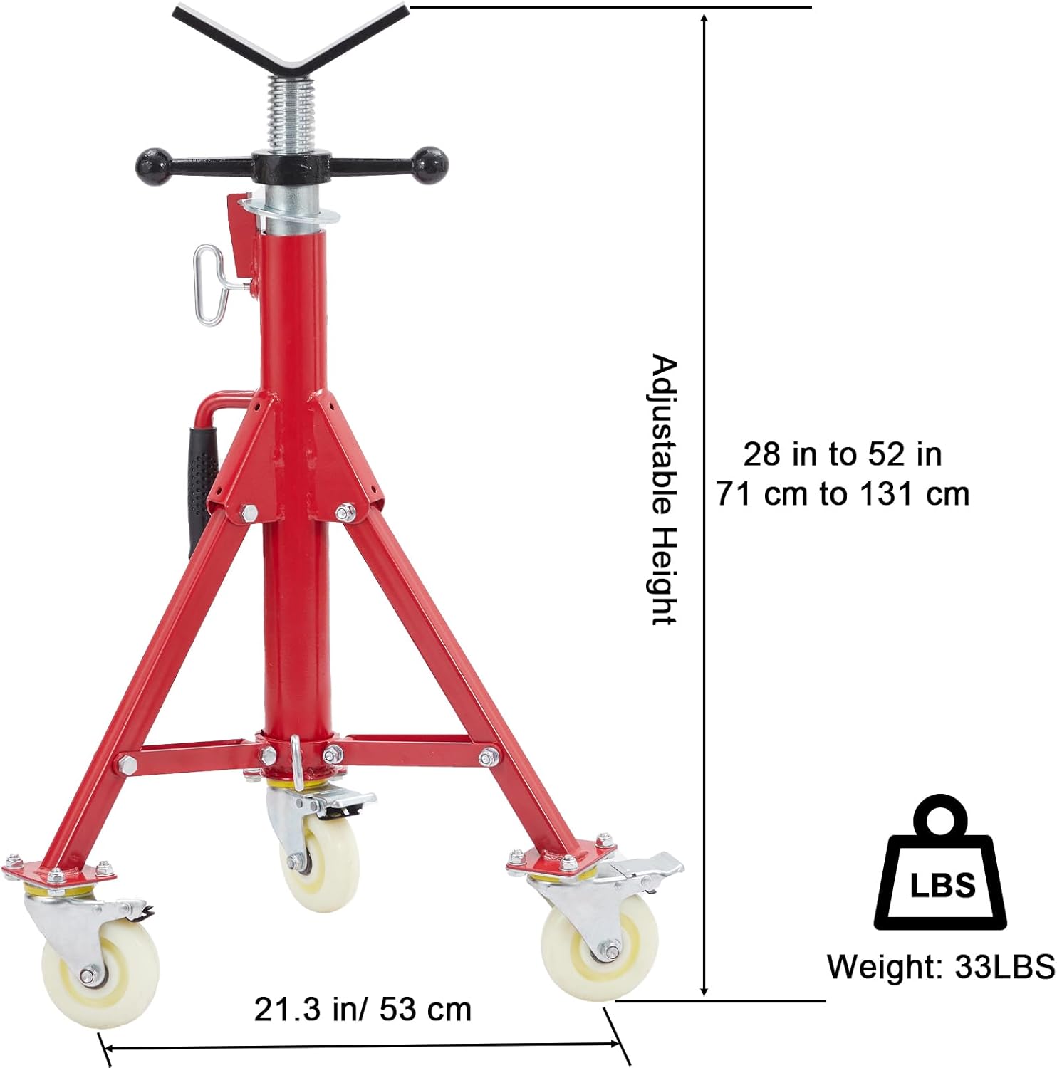 Garvee Adjustable V-Head Pipe Jack Stand with Casters, 28-52 Inch Height, 2500 lb Capacity, Heavy Duty Carbon Steel, Foldable & Portable, Corrosion-Resistant, Suitable for Various Applications