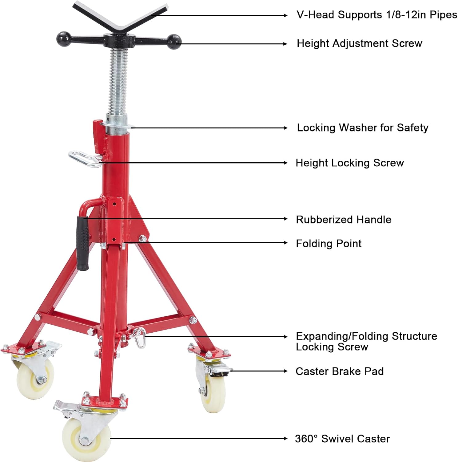 Garvee Adjustable V-Head Pipe Jack Stand with Casters, 28-52 Inch Height, 2500 lb Capacity, Heavy Duty Carbon Steel, Foldable & Portable, Corrosion-Resistant, Suitable for Various Applications