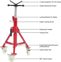 Garvee Adjustable V-Head Pipe Jack Stand with Casters, 28-52 Inch Height, 2500 lb Capacity, Heavy Duty Carbon Steel, Foldable & Portable, Corrosion-Resistant, Suitable for Various Applications