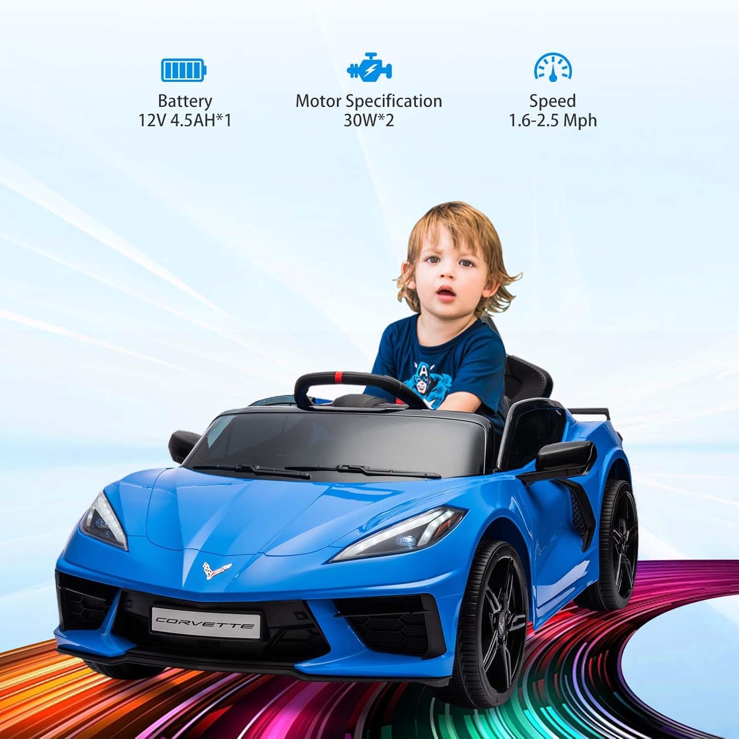 Garvee Ride - P Series: 12V Kids Ride on Car Licensed Corvette Battery Powered Car Toddles Electric Sports Car Toy with Remote Control, Visual Dashboard, LED Lights, Music, Gifts for Boys Girls, Dark Blue
