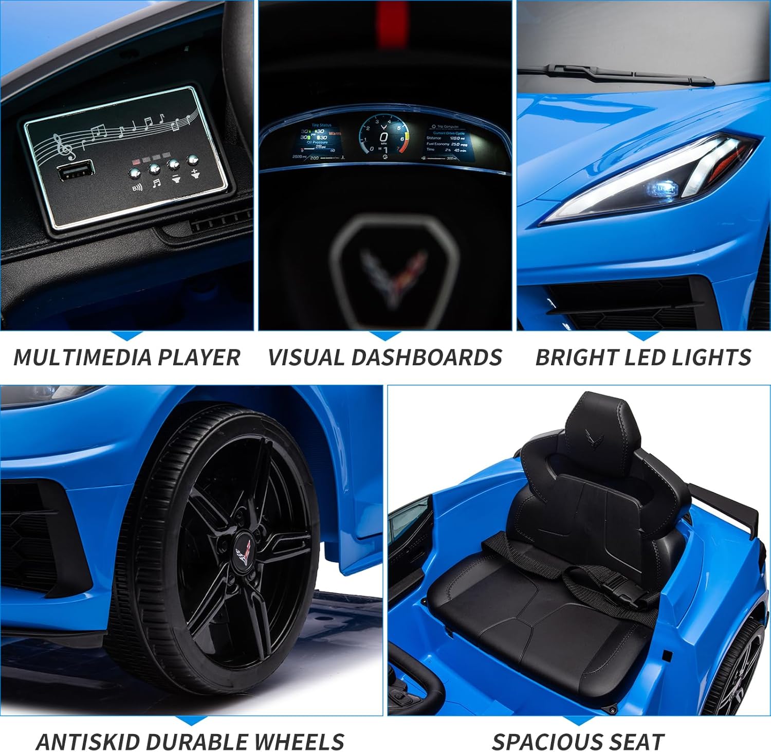 Garvee Ride - P Series: 12V Kids Ride on Car Licensed Corvette Battery Powered Car Toddles Electric Sports Car Toy with Remote Control, Visual Dashboard, LED Lights, Music, Gifts for Boys Girls, Dark Blue