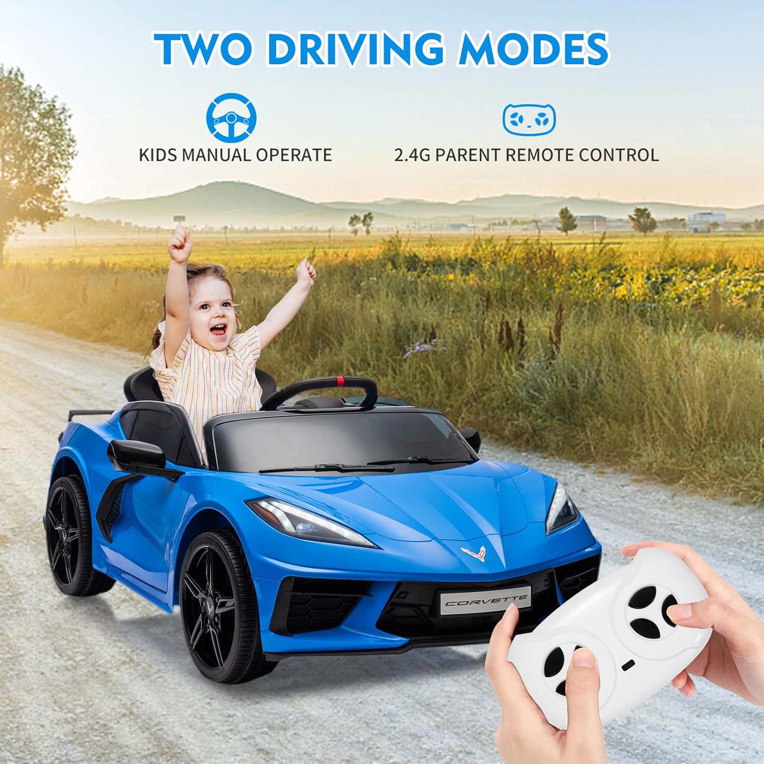 Garvee Ride - P Series: 12V Kids Ride on Car Licensed Corvette Battery Powered Car Toddles Electric Sports Car Toy with Remote Control, Visual Dashboard, LED Lights, Music, Gifts for Boys Girls, Dark Blue
