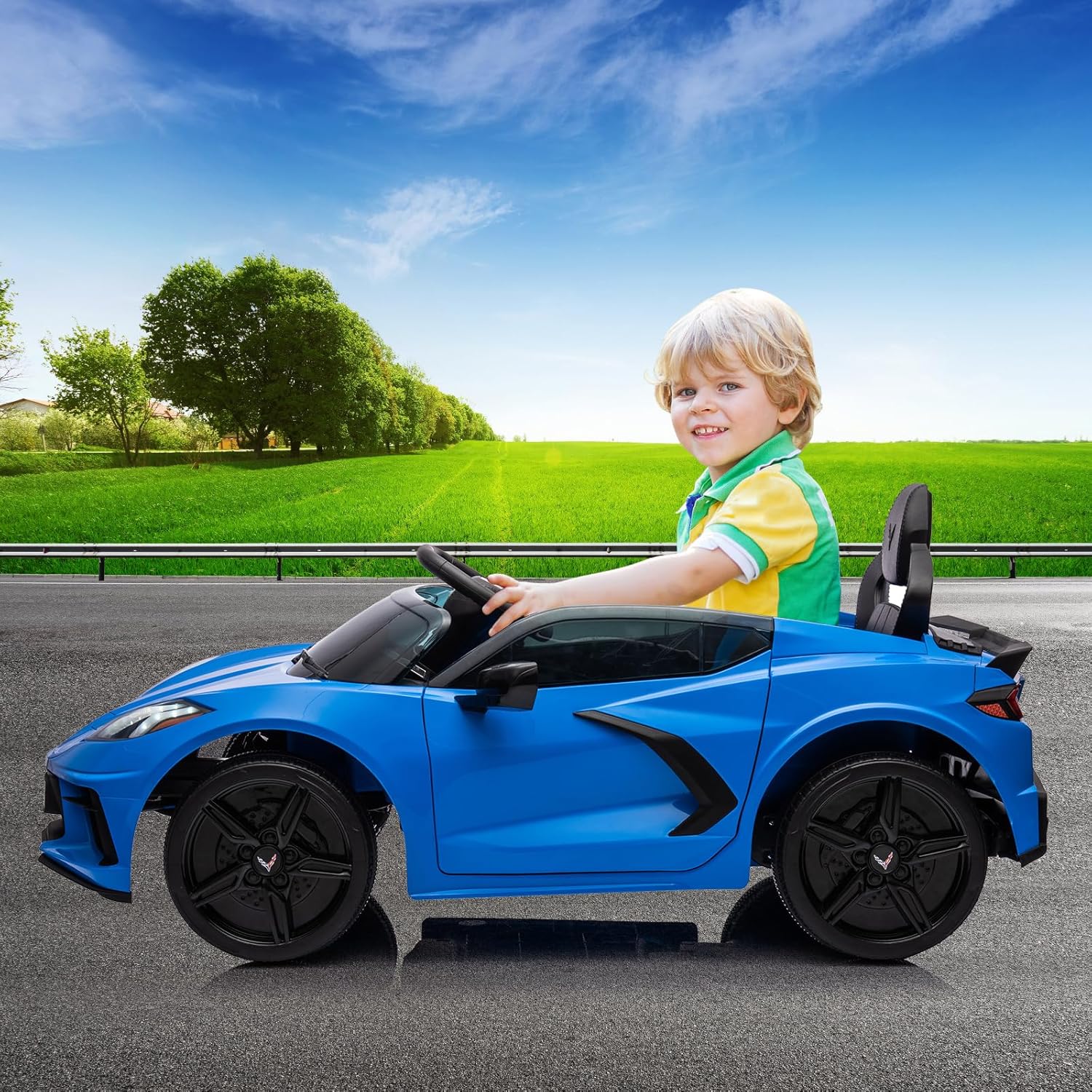 Garvee Ride - P Series: 12V Kids Ride on Car Licensed Corvette Battery Powered Car Toddles Electric Sports Car Toy with Remote Control, Visual Dashboard, LED Lights, Music, Gifts for Boys Girls, Dark Blue