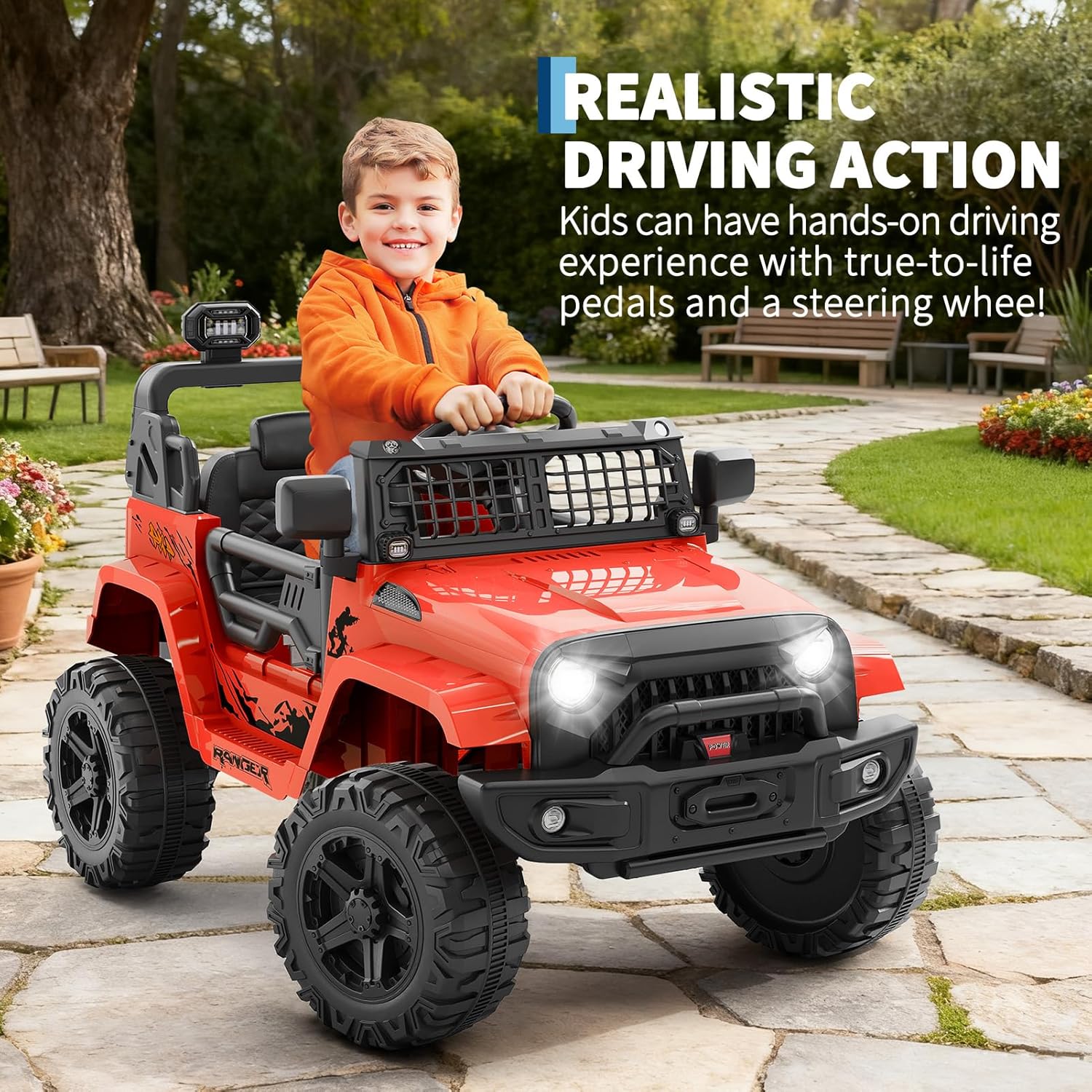 Garvee Ride P Series 12V Kids Electric Vehicles with Remote Control Spring Suspension, LED Lights, Bluetooth, 2 Speeds - Red
