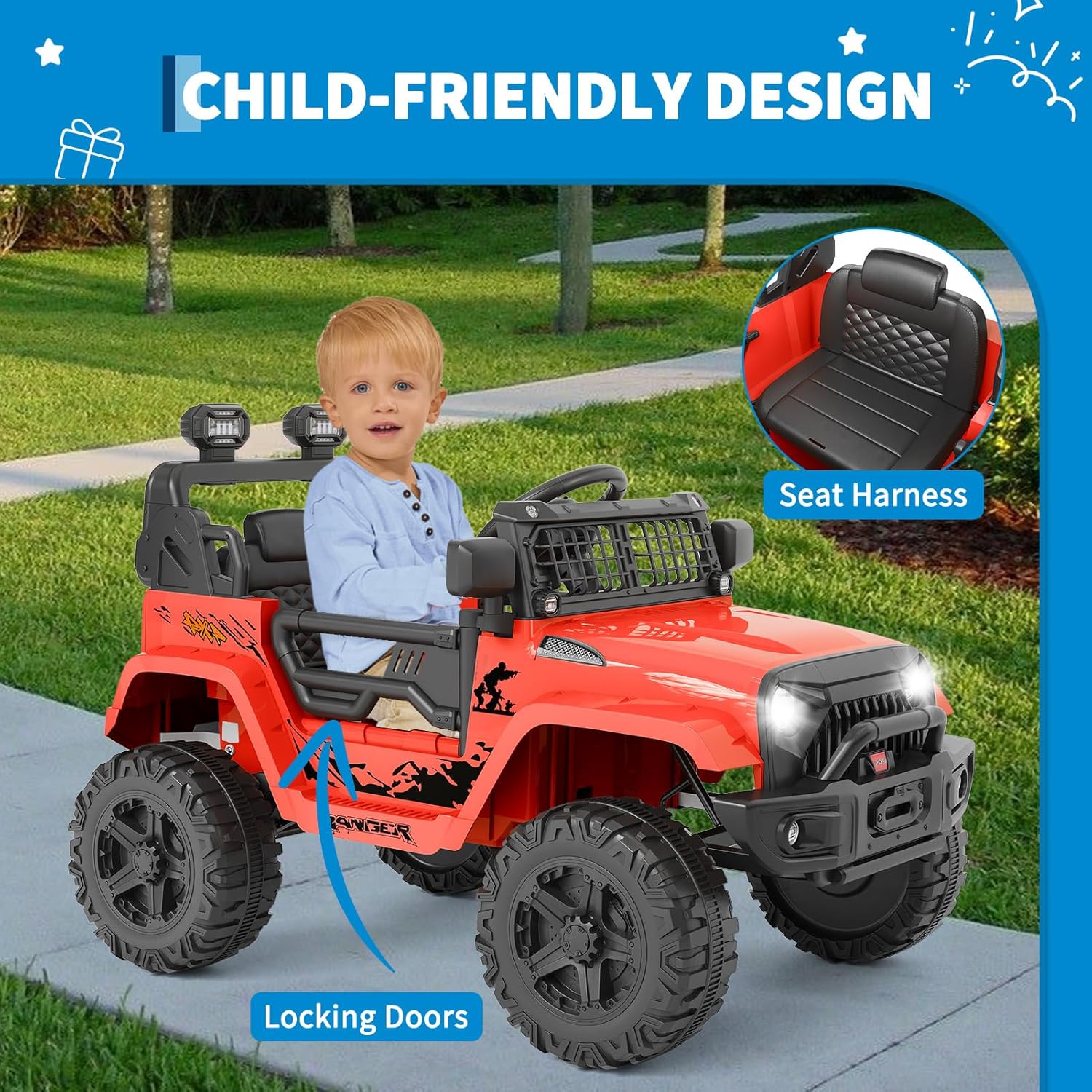 Garvee Ride P Series 12V Kids Electric Vehicles with Remote Control Spring Suspension, LED Lights, Bluetooth, 2 Speeds - Red