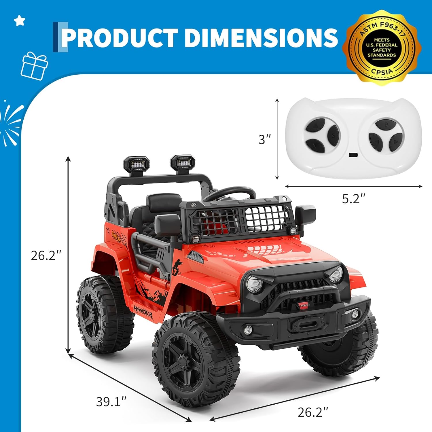 Garvee Ride P Series 12V Kids Electric Vehicles with Remote Control Spring Suspension, LED Lights, Bluetooth, 2 Speeds - Red