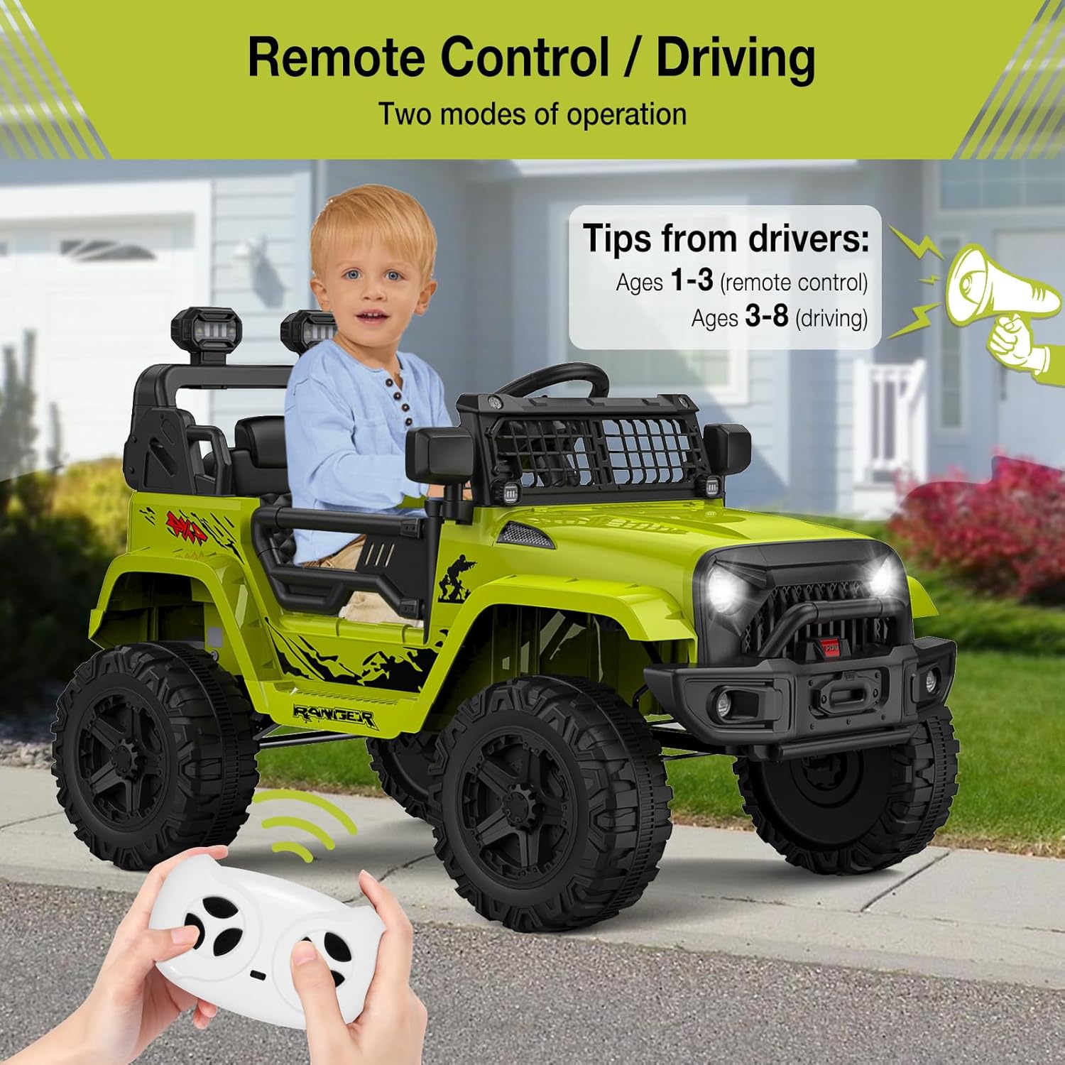 Garvee Ride P Series 12V Kids Electric Vehicles with Remote Control Spring Suspension, LED Lights, Bluetooth, 2 Speeds - Green