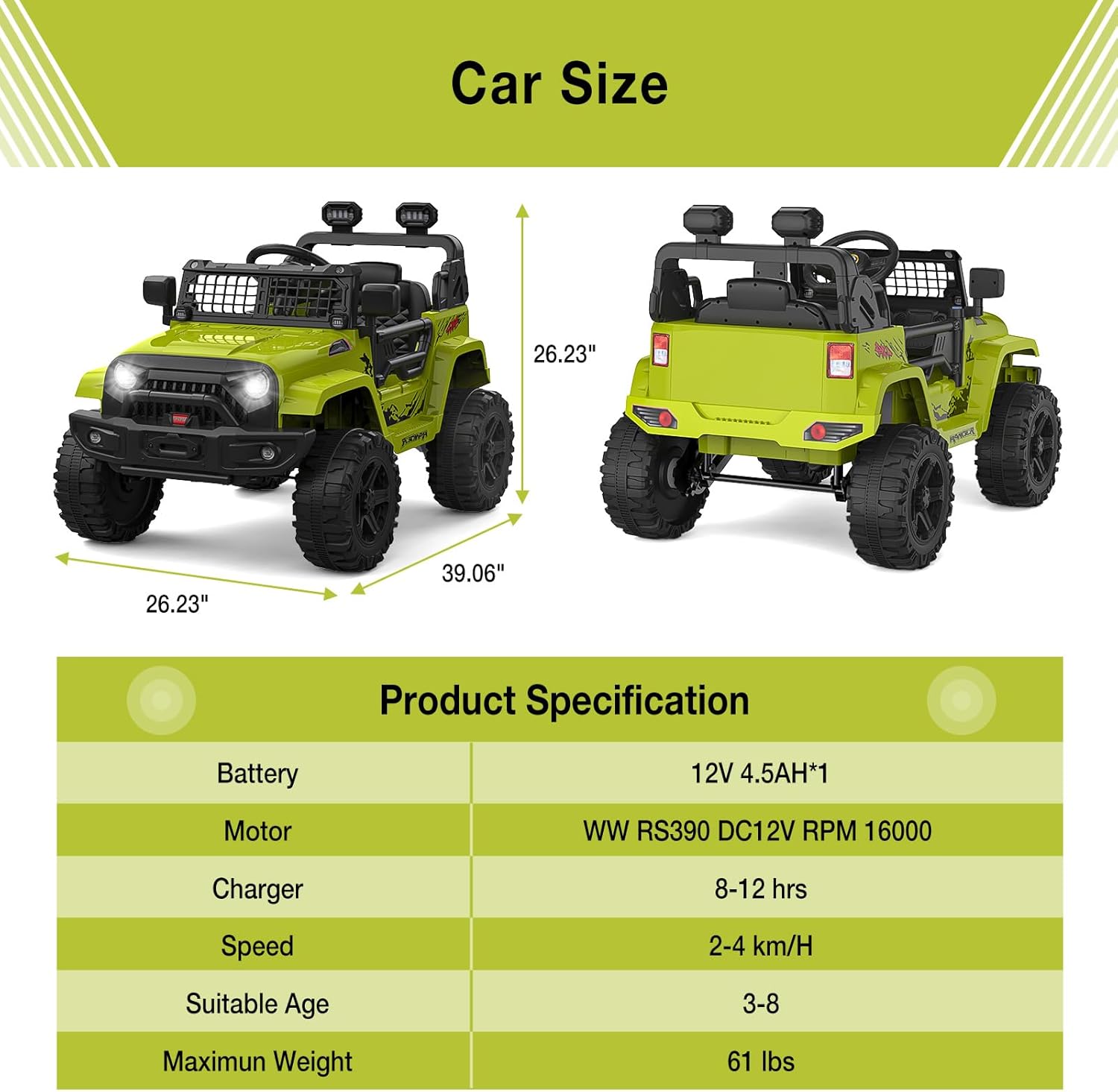 Garvee Ride P Series 12V Kids Electric Vehicles with Remote Control Spring Suspension, LED Lights, Bluetooth, 2 Speeds - Green