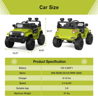 Garvee Ride P Series 12V Kids Electric Vehicles with Remote Control Spring Suspension, LED Lights, Bluetooth, 2 Speeds - Green