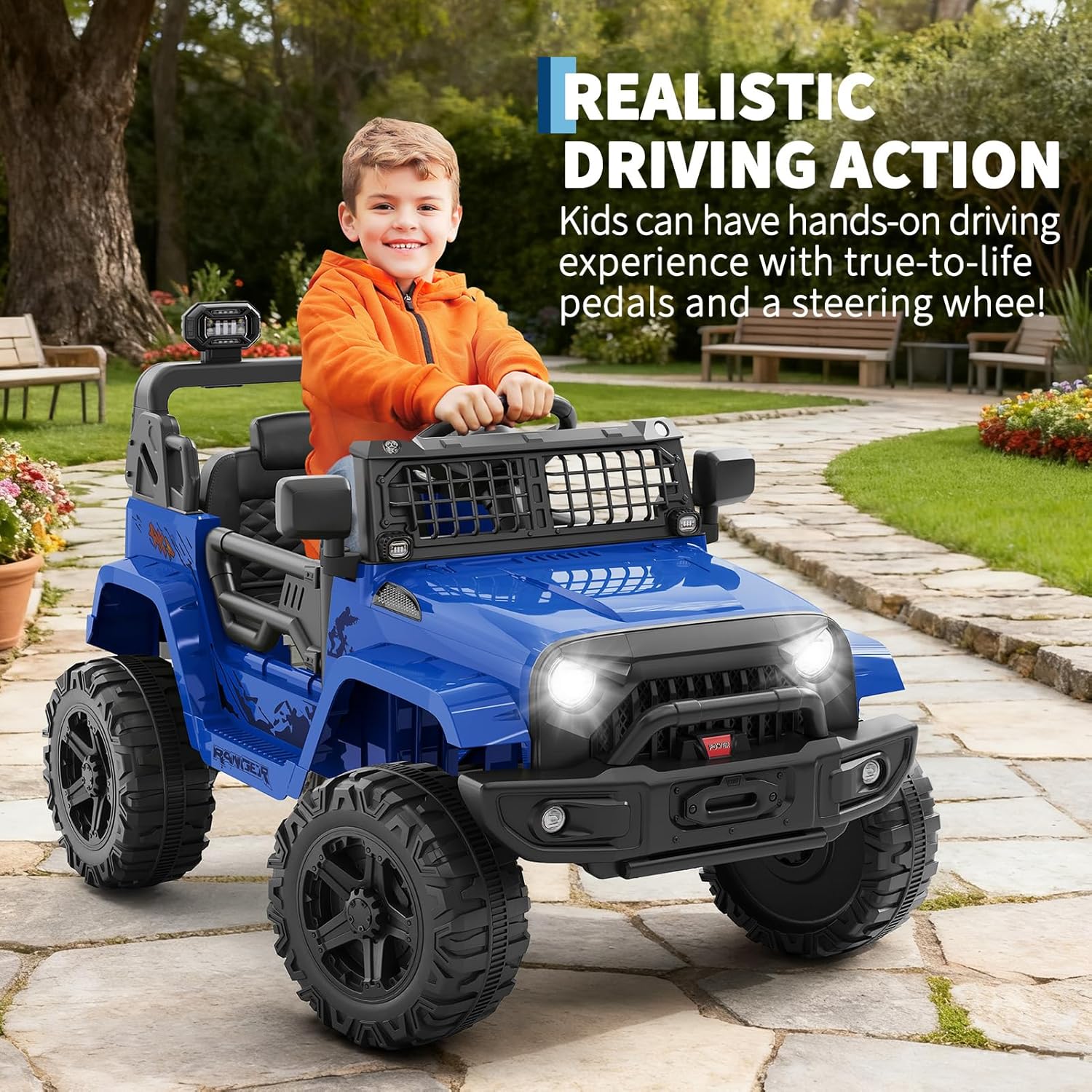 Garvee Ride P Series 12V Kids Electric Vehicles with Remote Control Spring Suspension, LED Lights, Bluetooth, 2 Speeds - Blue