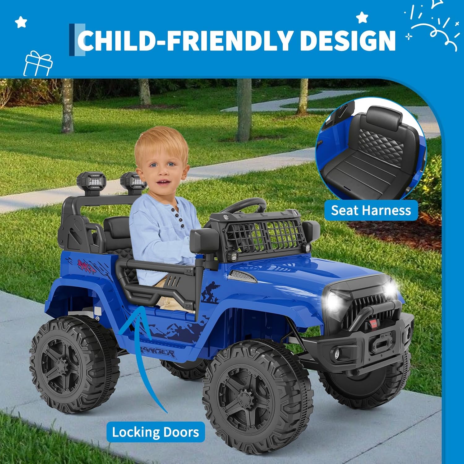 Garvee Ride P Series 12V Kids Electric Vehicles with Remote Control Spring Suspension, LED Lights, Bluetooth, 2 Speeds - Blue
