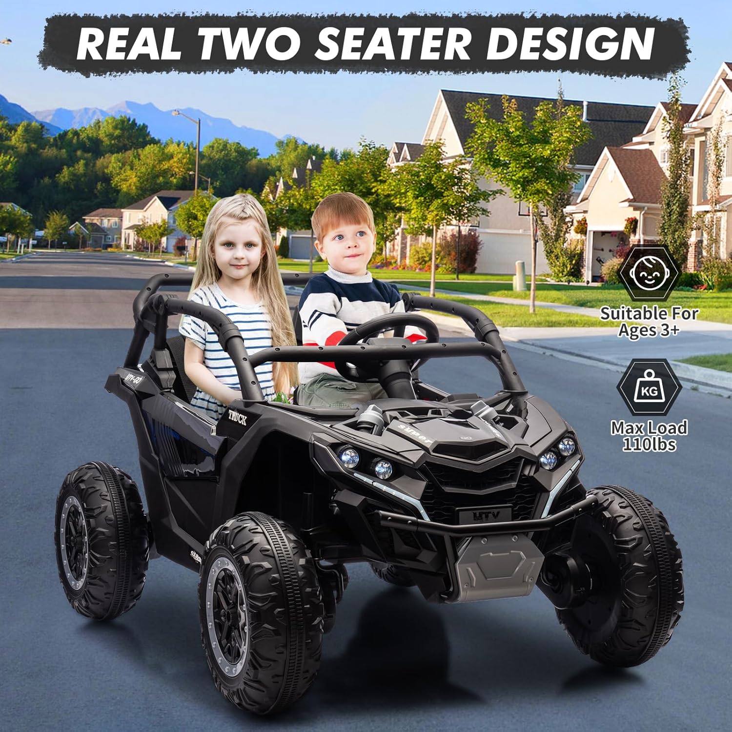 Garvee Ride - P Series: 24V Ride On Utv For Kids,2 Seater 4WD Electric Truck With Remote Control, High And Low Speed Adjustment, Led Lights, 4-wheel shock absorption,One Click Start, Music Player(Black)