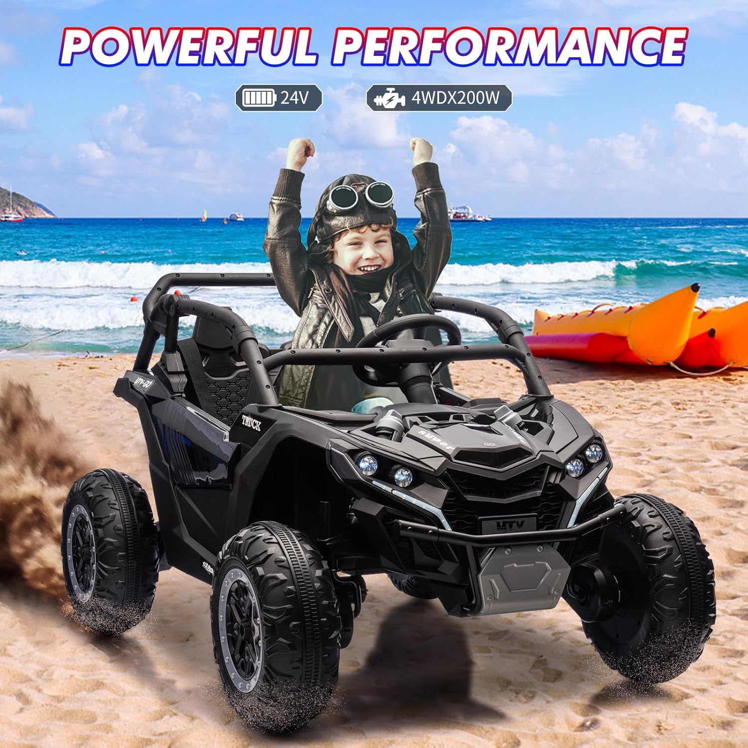 Garvee Ride - P Series: 24V Ride On Utv For Kids,2 Seater 4WD Electric Truck With Remote Control, High And Low Speed Adjustment, Led Lights, 4-wheel shock absorption,One Click Start, Music Player(Black)