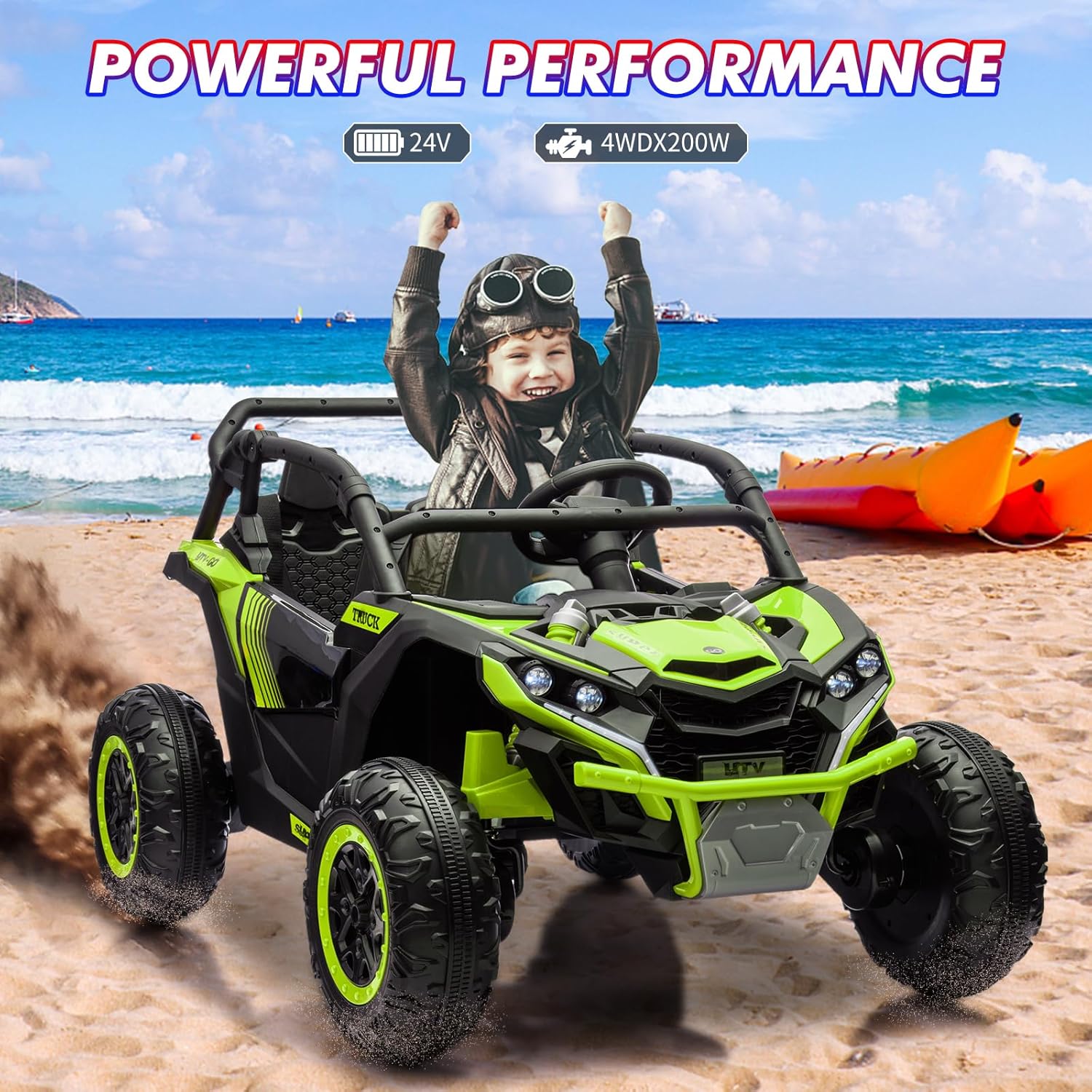 Garvee Ride - P Series: 24V Ride On Utv For Kids,2 Seater 4WD Electric Truck With Remote Control, High And Low Speed Adjustment, Led Lights,4-wheel shock absorption,One Click Start, Music Player (Green)