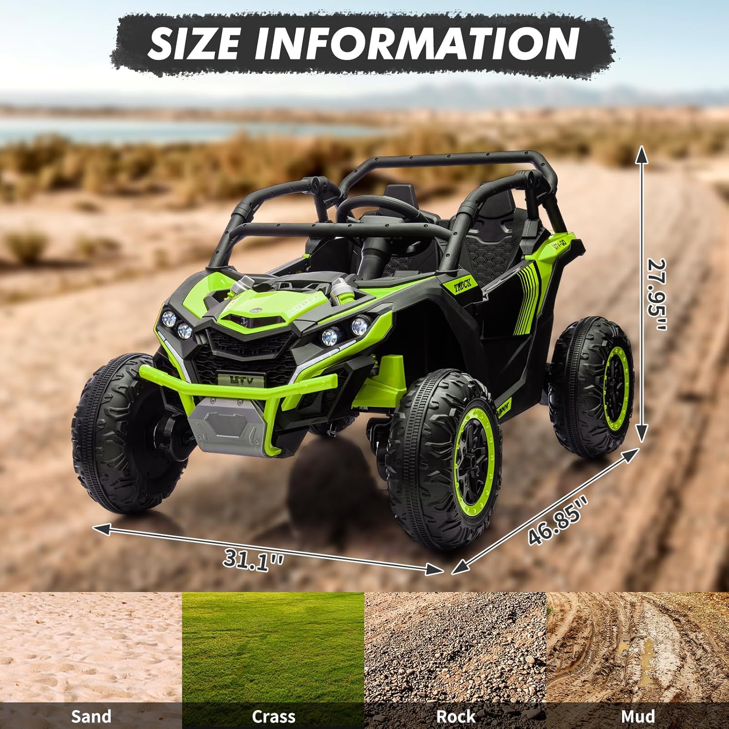 Garvee Ride - P Series: 24V Ride On Utv For Kids,2 Seater 4WD Electric Truck With Remote Control, High And Low Speed Adjustment, Led Lights,4-wheel shock absorption,One Click Start, Music Player (Green)