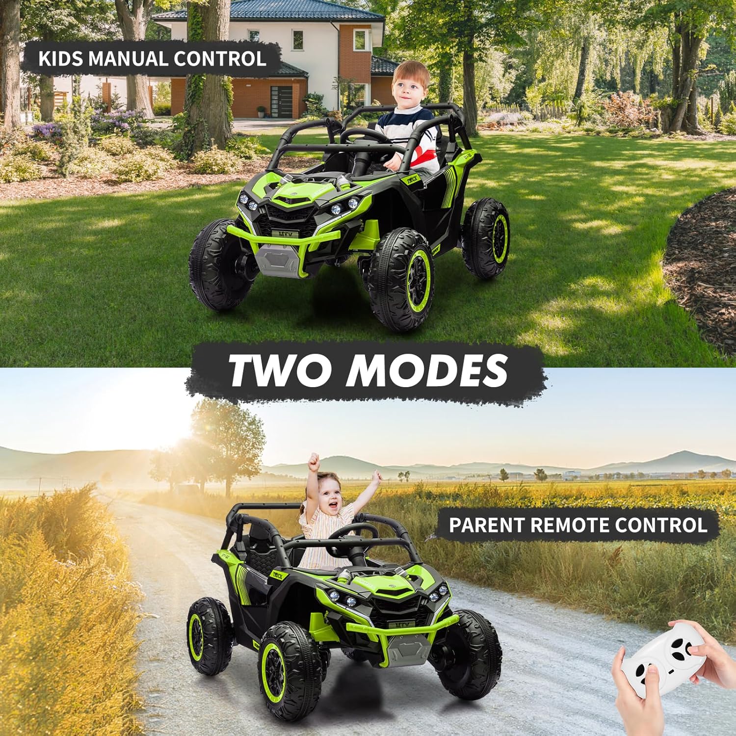 Garvee Ride - P Series: 24V Ride On Utv For Kids,2 Seater 4WD Electric Truck With Remote Control, High And Low Speed Adjustment, Led Lights,4-wheel shock absorption,One Click Start, Music Player (Green)