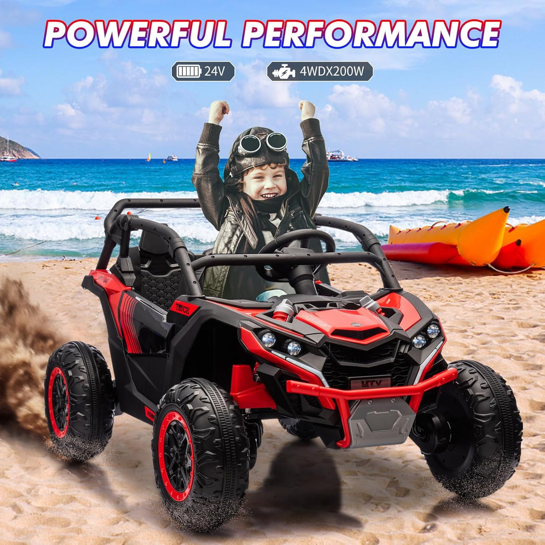 Garvee Ride - P Series: 24V Ride On Utv For Kids,2 Seater 4WD Electric Truck With Remote Control, High And Low Speed Adjustment, Led Lights,4-wheel shock absorption,One Click Start, Music Player (Red)