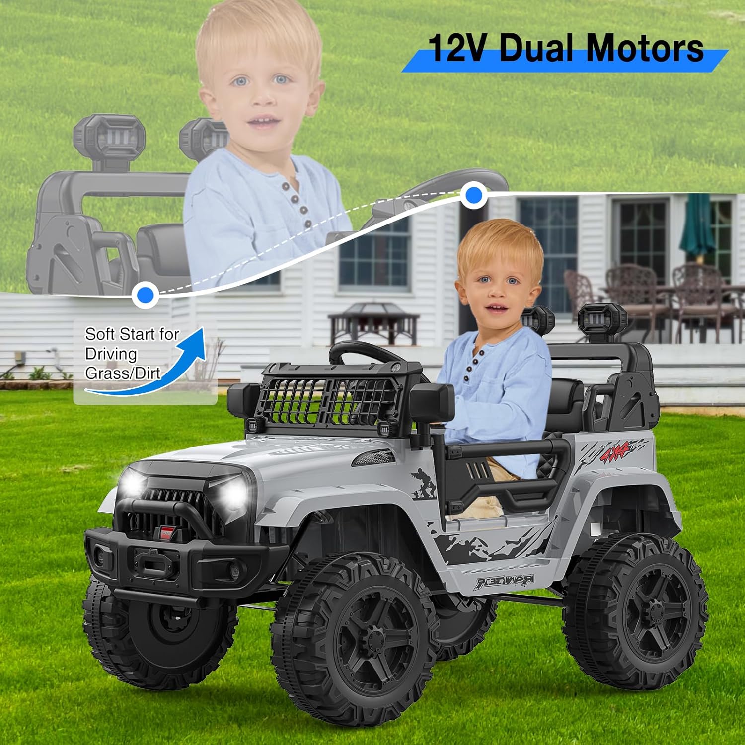 Garvee Ride P Series 12V Kids Electric Ride On Truck Car w/Parent Remote Control, Spring Suspension, LED Lights & AUX Port | Outdoor Ride Toy for Boys Girls 3+ Years