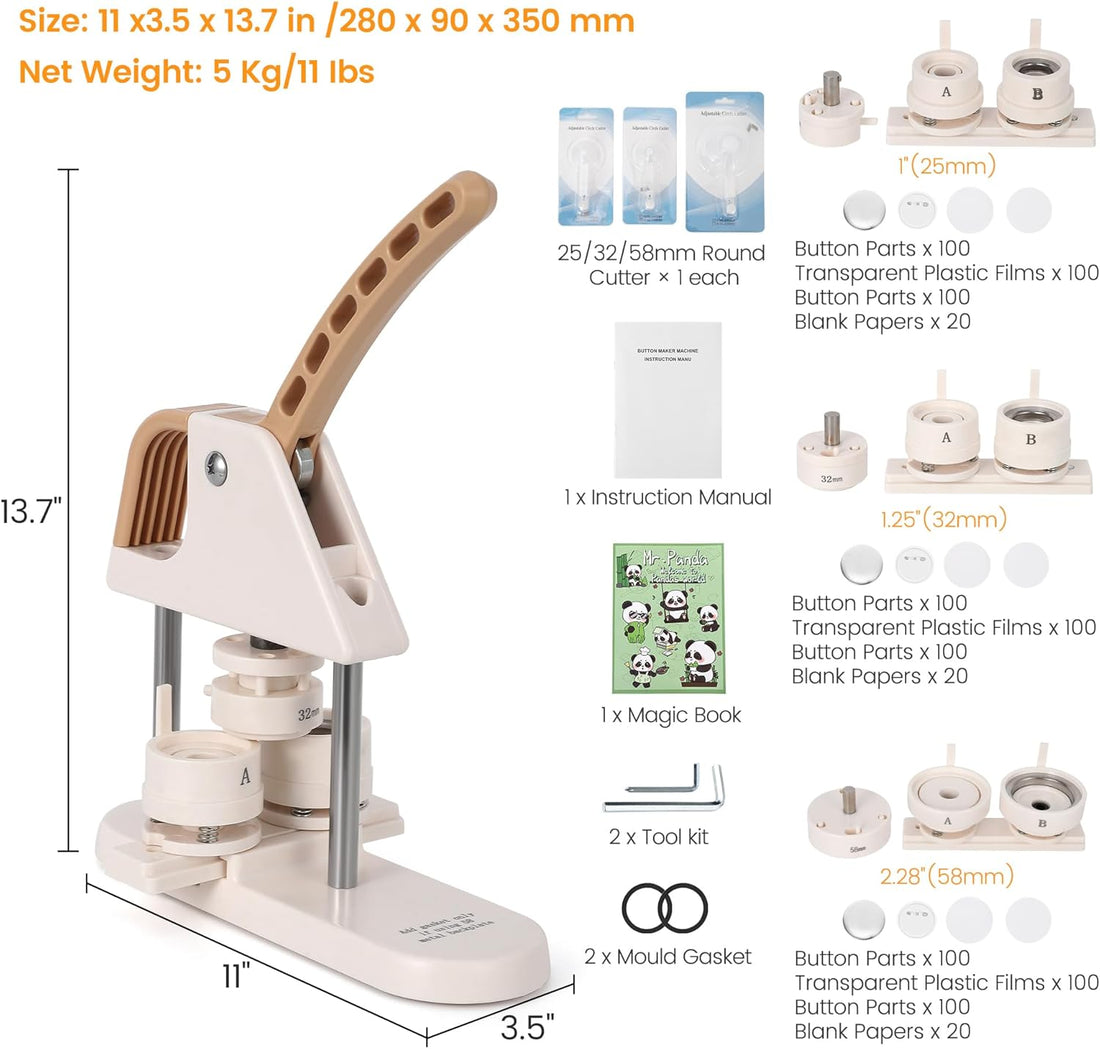 Garvee Button Maker, 1/1.25/2.28 inch(25/32/58mm) 3-in-1 Pin Maker, Ergonomic Arc Handle Punch Press Kit, 300pcs Button Parts, Pictures, Circle Cutter, Magic Book, for Children DIY Gifts