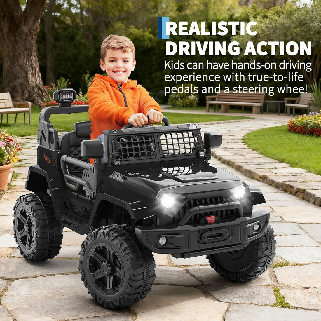 Garvee Ride P Series 12V Kids Electric Vehicles with Remote Control Spring Suspension, LED Lights, Bluetooth, 2 Speeds - Black