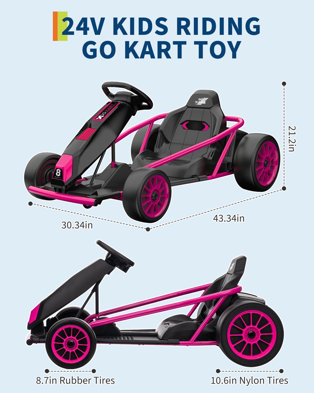 Garvee 24V 9Ah Kids Ride On Go Kart Toy,High Speed 8.1MPH Drifting Car with 2x300W Motors,14.3" XL Seat,Full Metal Frame,Music,Power Display,Max Load 155Lbs Racing for Kids 8-12 Years - Rose