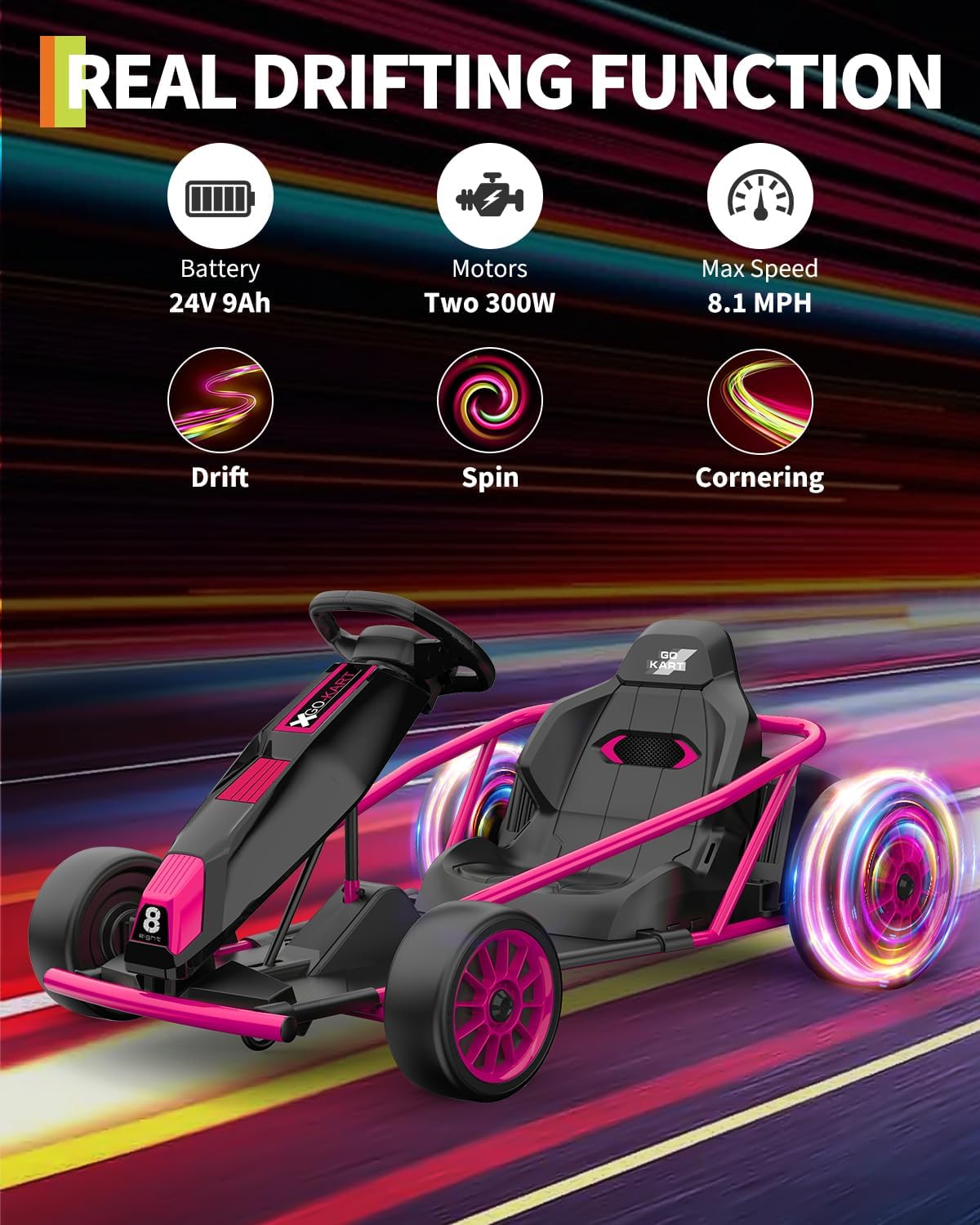Garvee 24V 9Ah Kids Ride On Go Kart Toy,High Speed 8.1MPH Drifting Car with 2x300W Motors,14.3" XL Seat,Full Metal Frame,Music,Power Display,Max Load 155Lbs Racing for Kids 8-12 Years - Rose
