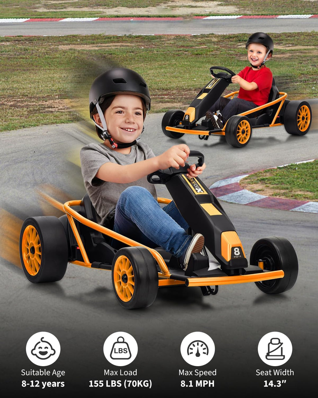 Garvee 24V 9Ah Kids Ride On Go Kart Toy,High Speed 8.1MPH Drifting Car with 2x300W Motors,14.3" XL Seat,Full Metal Frame,Music,Power Display,Max Load 155Lbs Racing for Kids 8-12 Years - Orange