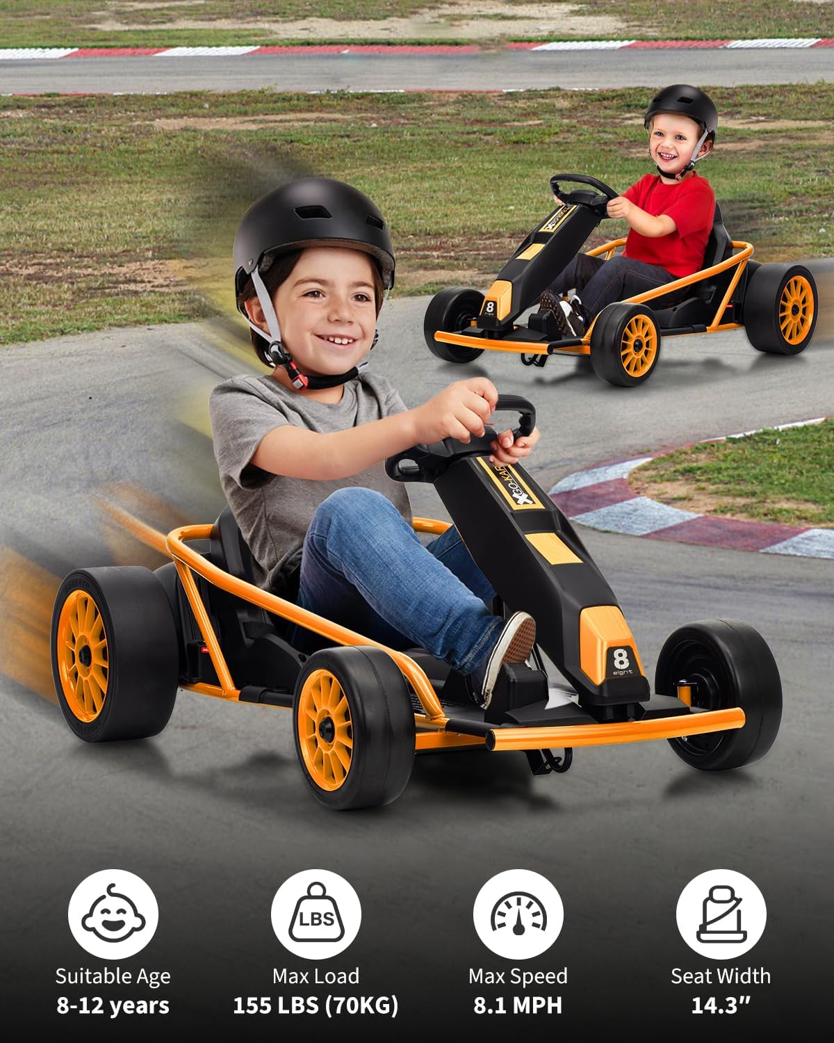Garvee 24V 9Ah Kids Ride On Go Kart Toy,High Speed 8.1MPH Drifting Car with 2x300W Motors,14.3" XL Seat,Full Metal Frame,Music,Power Display,Max Load 155Lbs Racing for Kids 8-12 Years - Orange