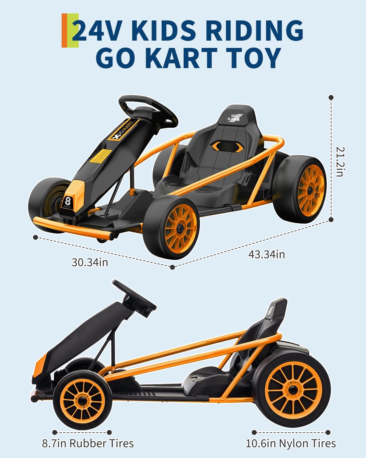 Garvee 24V 9Ah Kids Ride On Go Kart Toy,High Speed 8.1MPH Drifting Car with 2x300W Motors,14.3" XL Seat,Full Metal Frame,Music,Power Display,Max Load 155Lbs Racing for Kids 8-12 Years - Orange