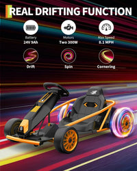 Garvee 24V 9Ah Kids Ride On Go Kart Toy,High Speed 8.1MPH Drifting Car with 2x300W Motors,14.3" XL Seat,Full Metal Frame,Music,Power Display,Max Load 155Lbs Racing for Kids 8-12 Years - Orange